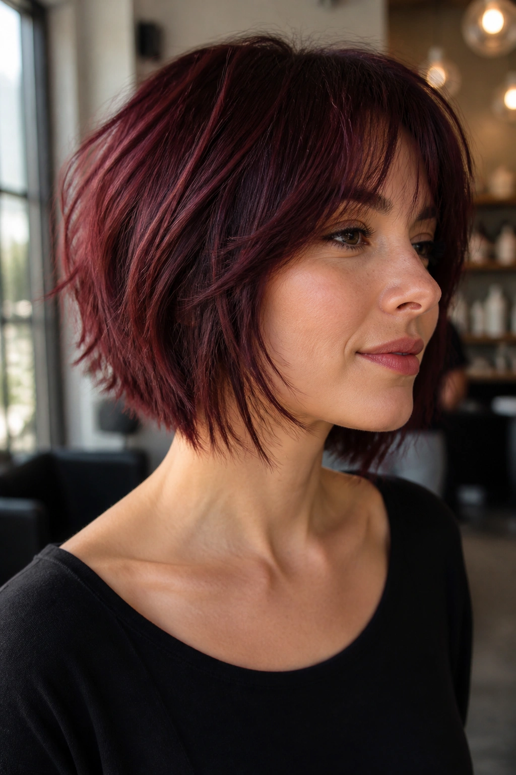 Close-up of a real woman with a burgundy choppy razored bob