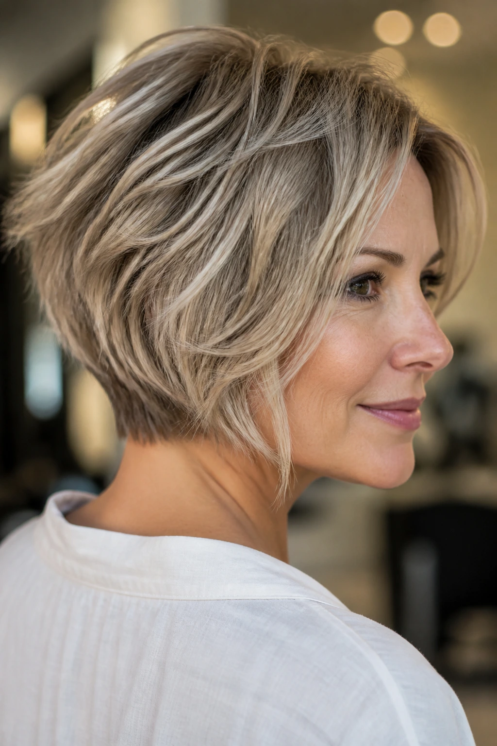Portrait of a real woman with razor-textured outer layers forming a choppy stack.