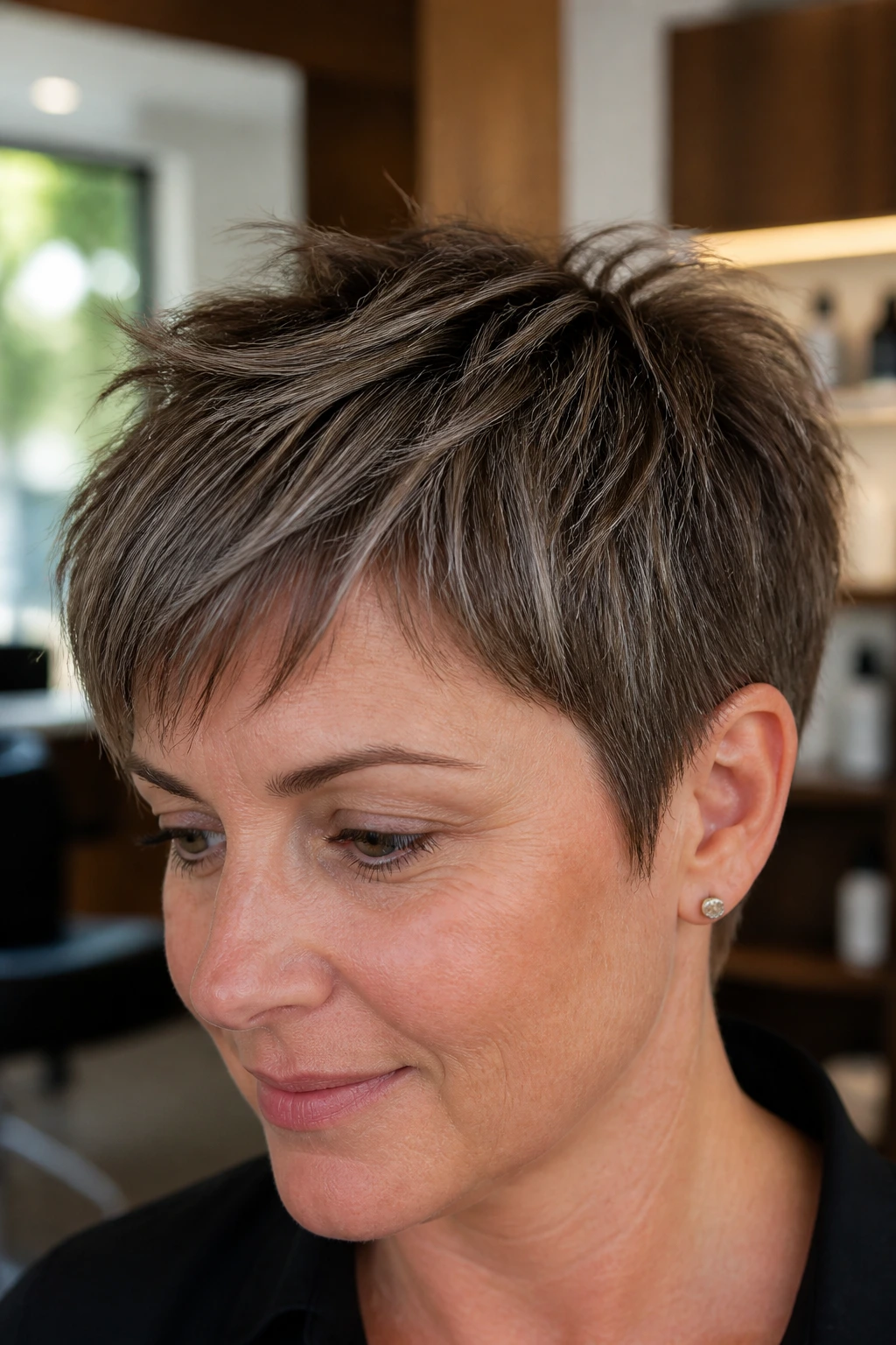 Close-up of a real woman with a razored crop and fine ash streaks in warm salon lighting