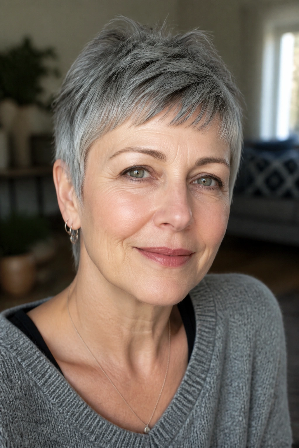 Close-up of a real woman with a razor-cut gray fringe, soft edges and lifted crown