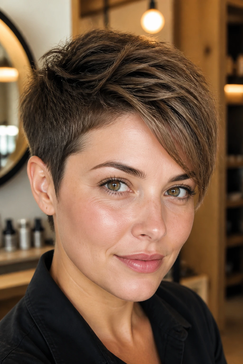 Close-up portrait of a real woman with razored crop and deep side part