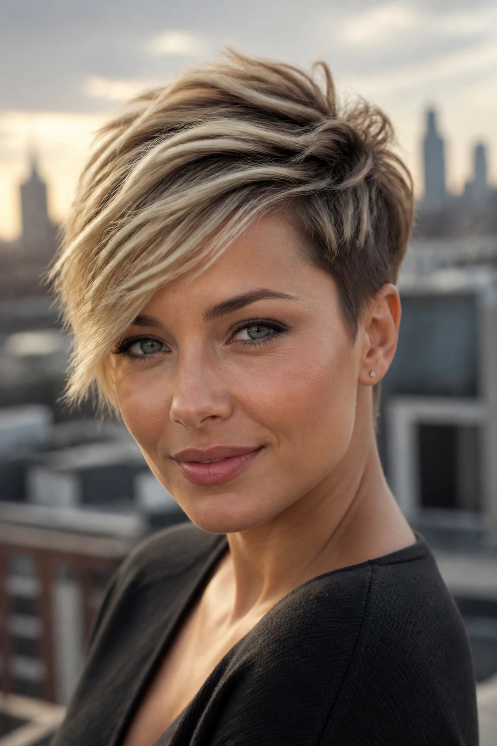 Portrait of a real woman with a razored crop and side sweep in rooftop light