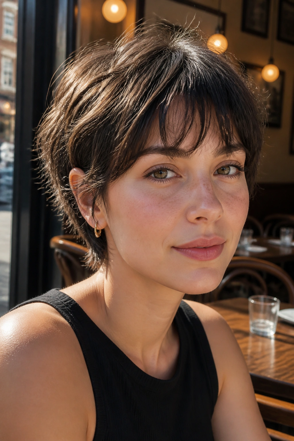 Close-up of a person with a razored crop and wispy bangs in a sunlit cafe