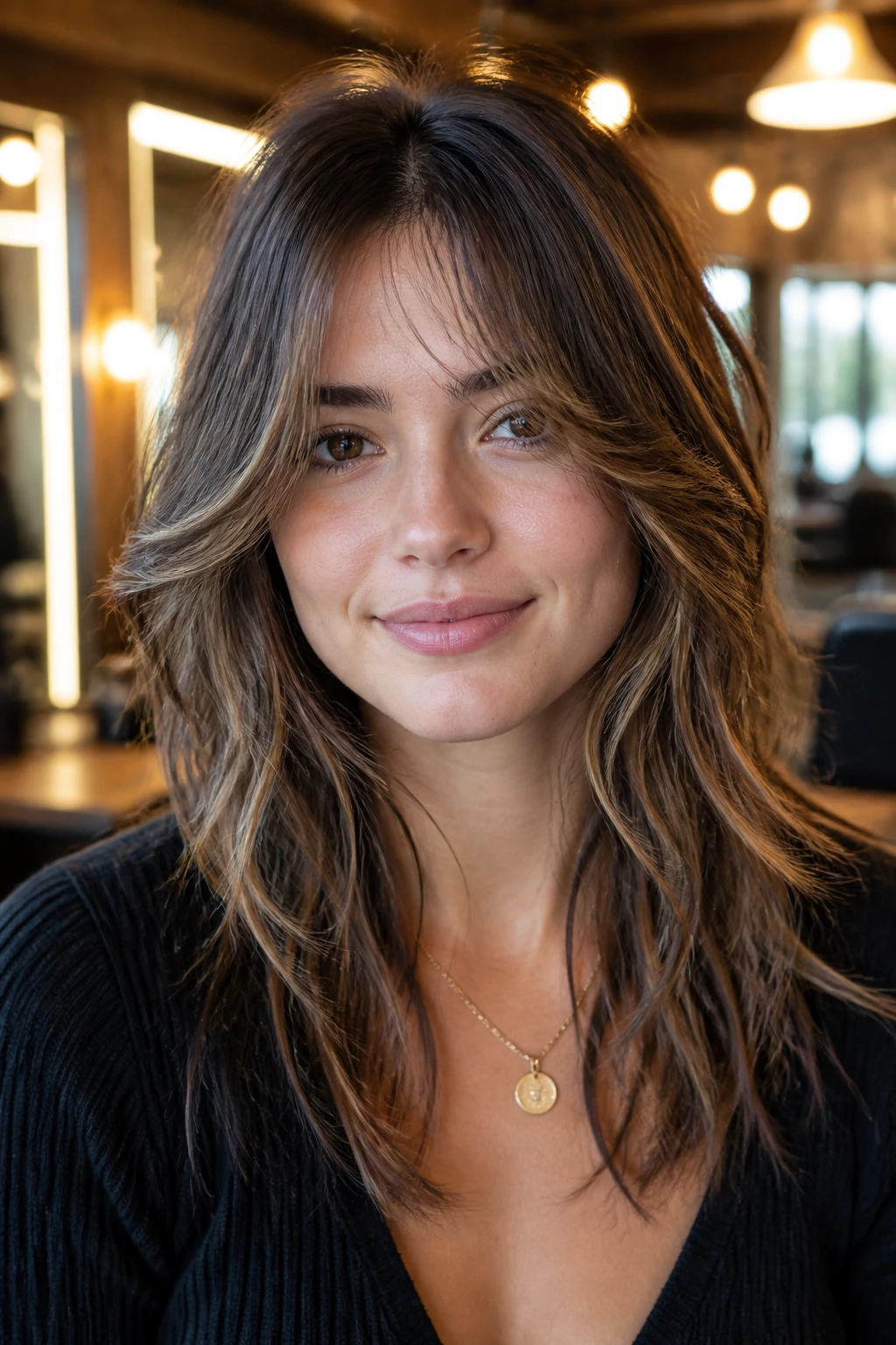 Close-up of a real woman with razor-cut curtain bangs in a salon