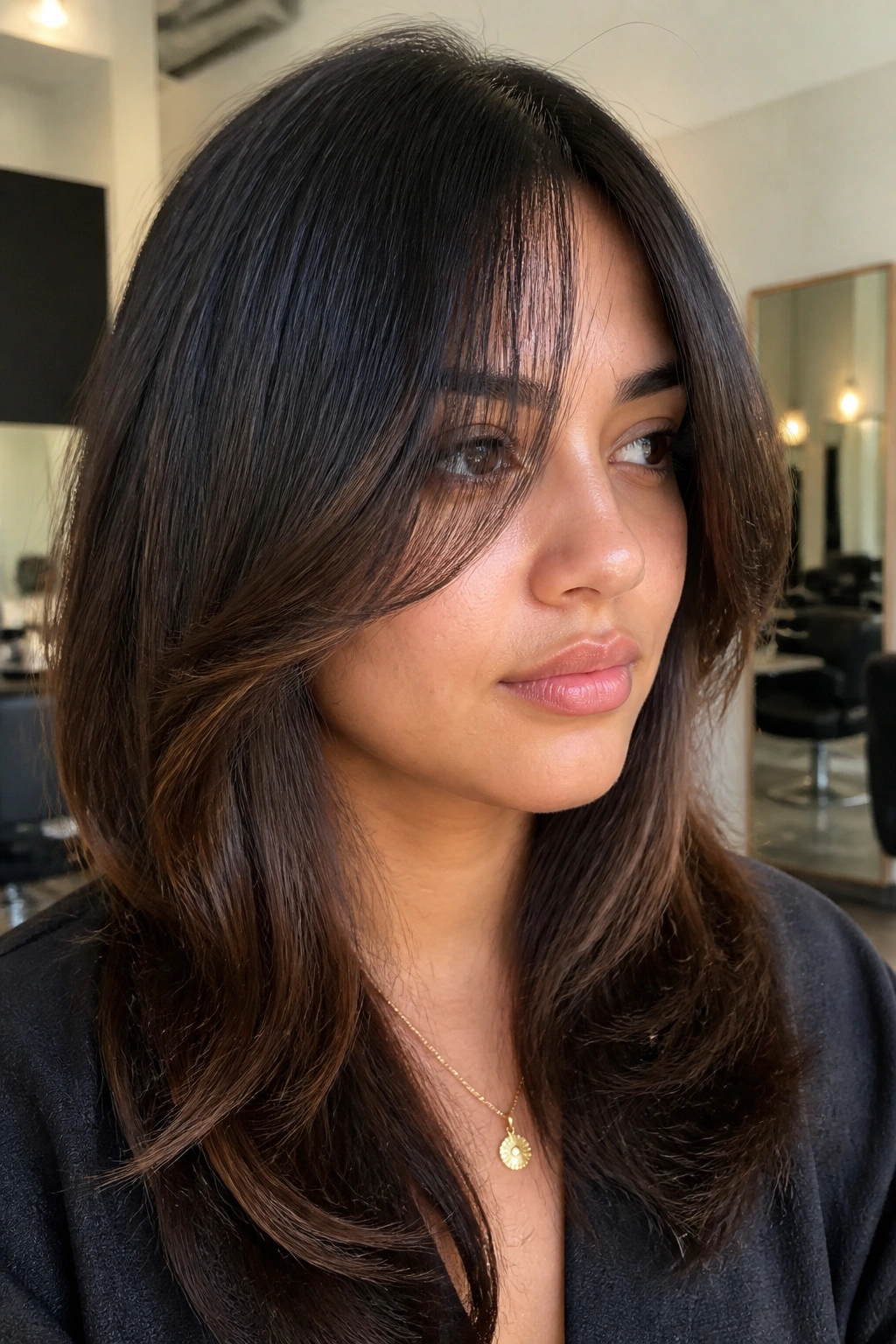 Close-up portrait of a woman with razored curtain bangs and soft points in a salon setting