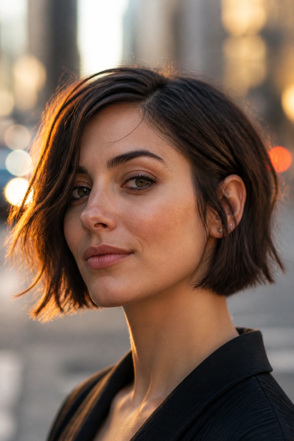 Portrait of a woman with a razored ear-length bob and off-center part, razor texture visible.