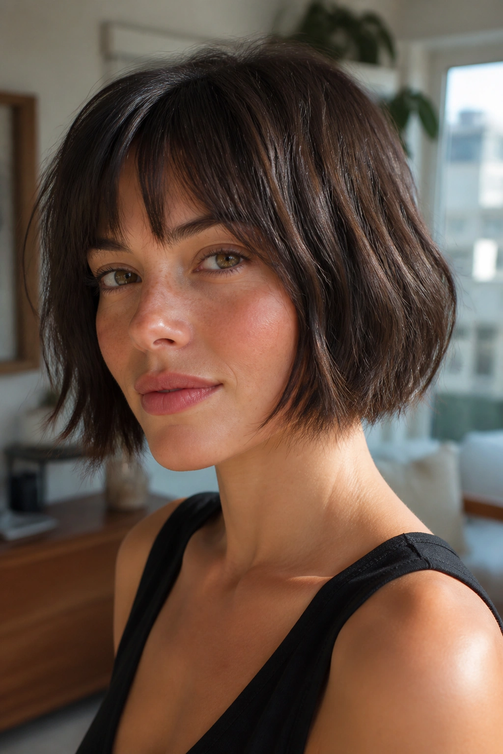 Real woman with razor-edged French bob