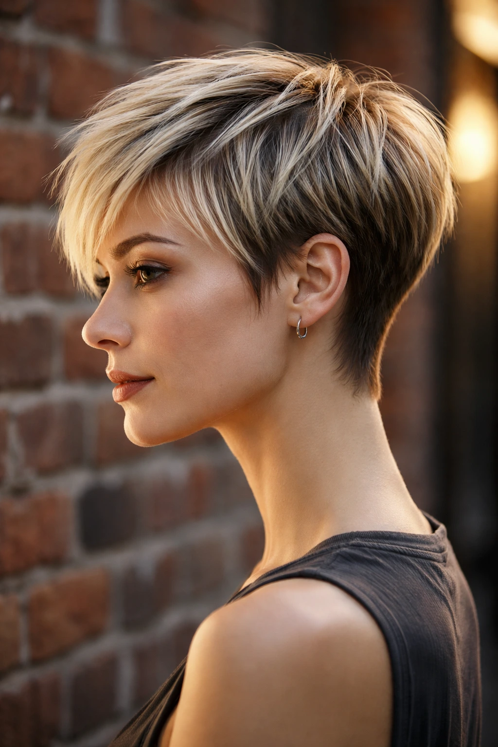 Close-up portrait of a real person with razored edge pixie showing tapered ends