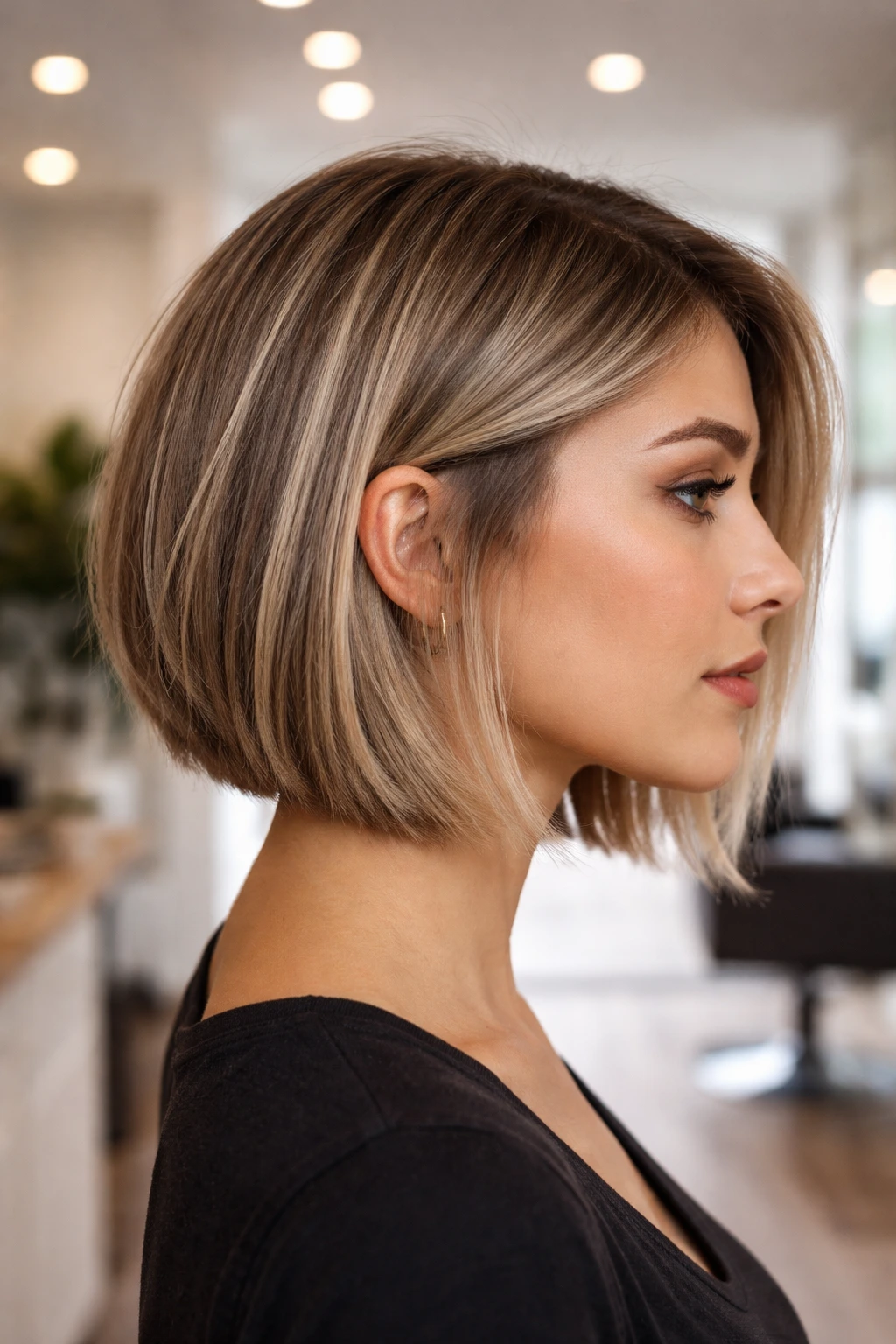 Close-up of a real woman with razor-cut ends along the bottom