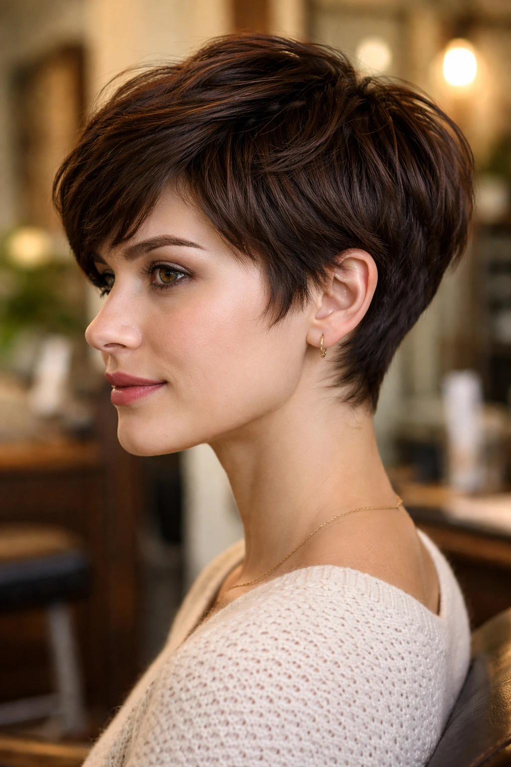 Portrait of brunette with razor-cut edges for softness in a salon