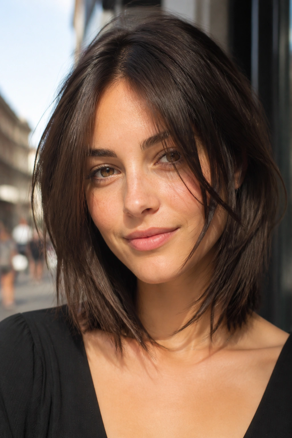 Brunette bob with razor-cut ends in natural outdoor light