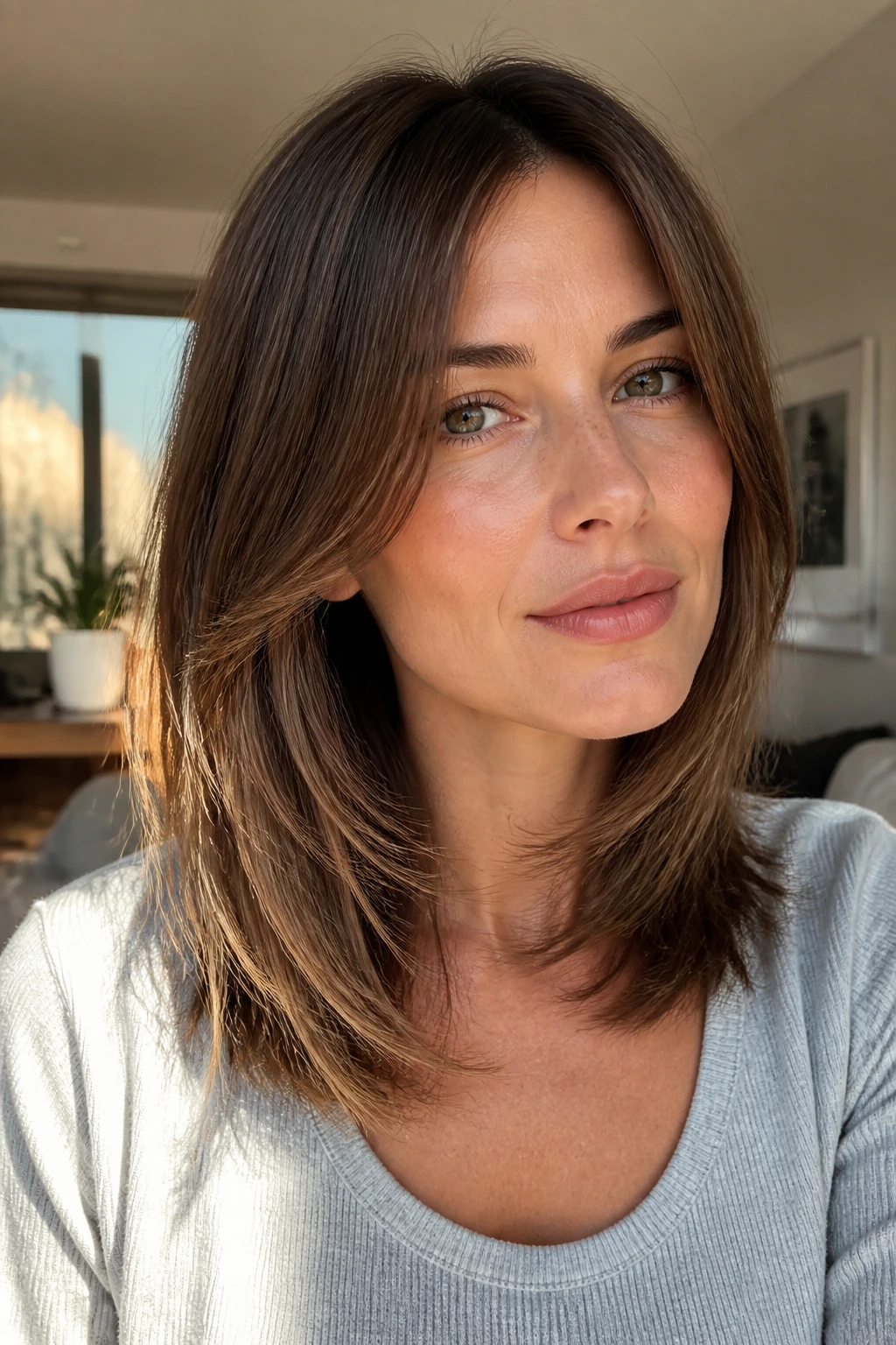 Close-up of a real woman with feather-light razor-cut ends.