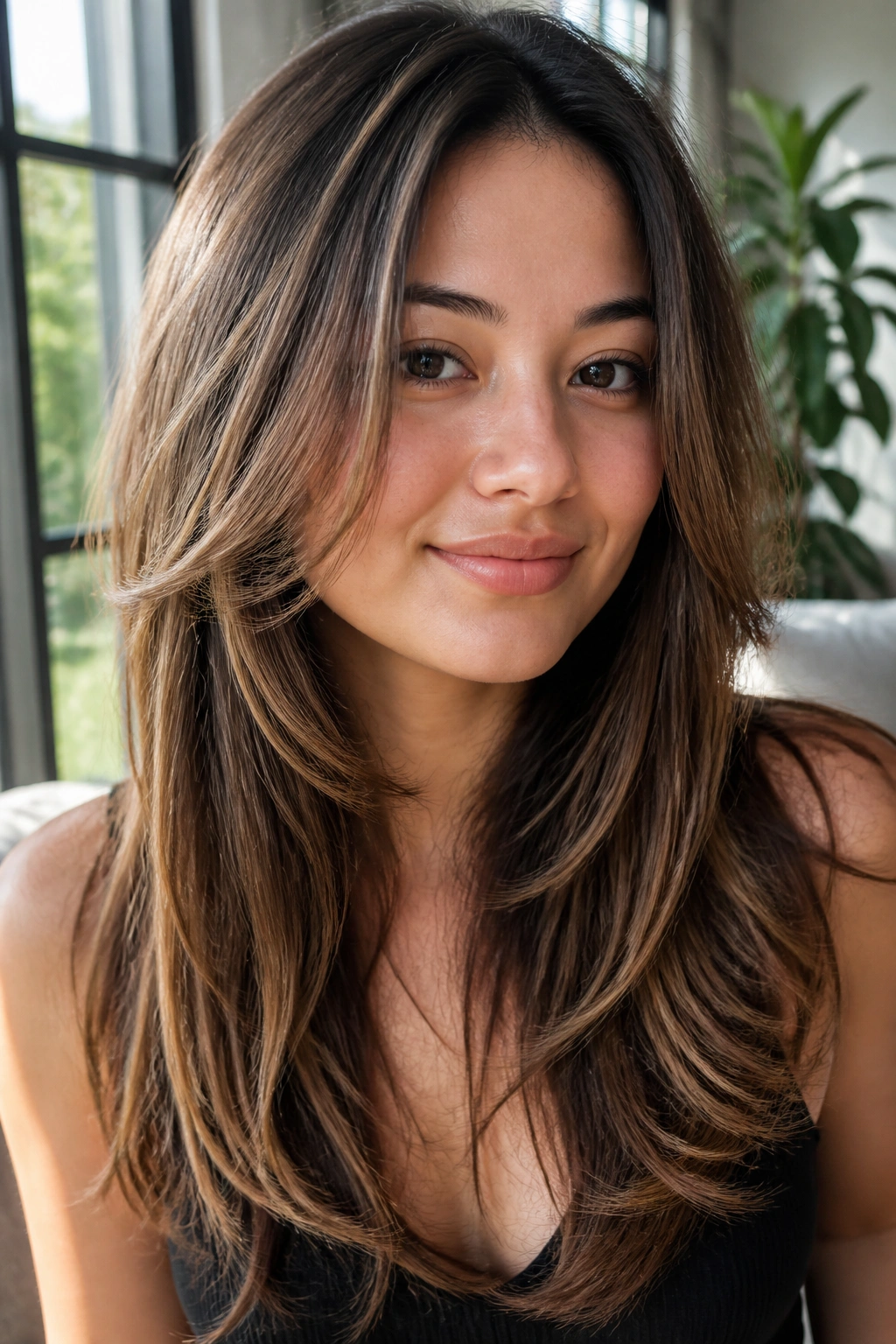 Real woman with razor-cut ends creating movement in long hair.