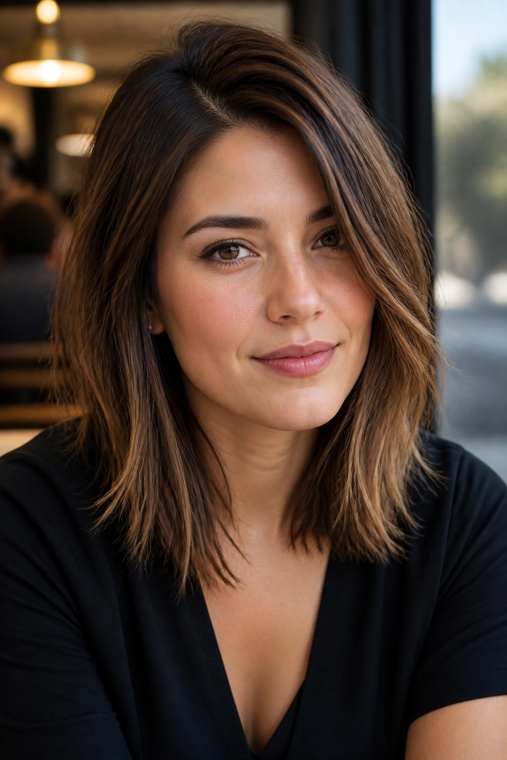 Shoulder-length hair with off-center part and razor texture in a cafe setting