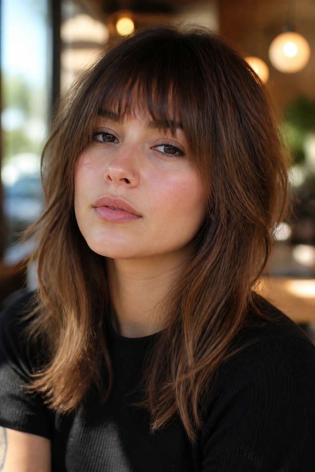 Close-up portrait of a real person with a razor-cut fringe in a cafe setting
