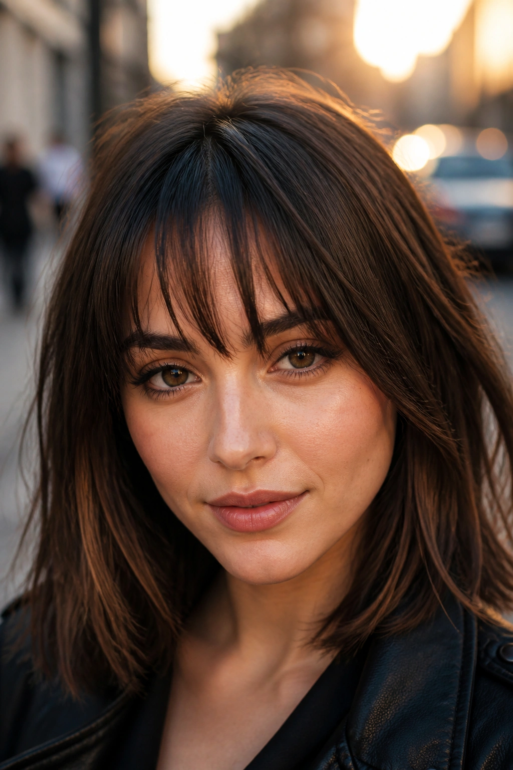 Close-up of a woman with razored fringe illuminated by golden hour light