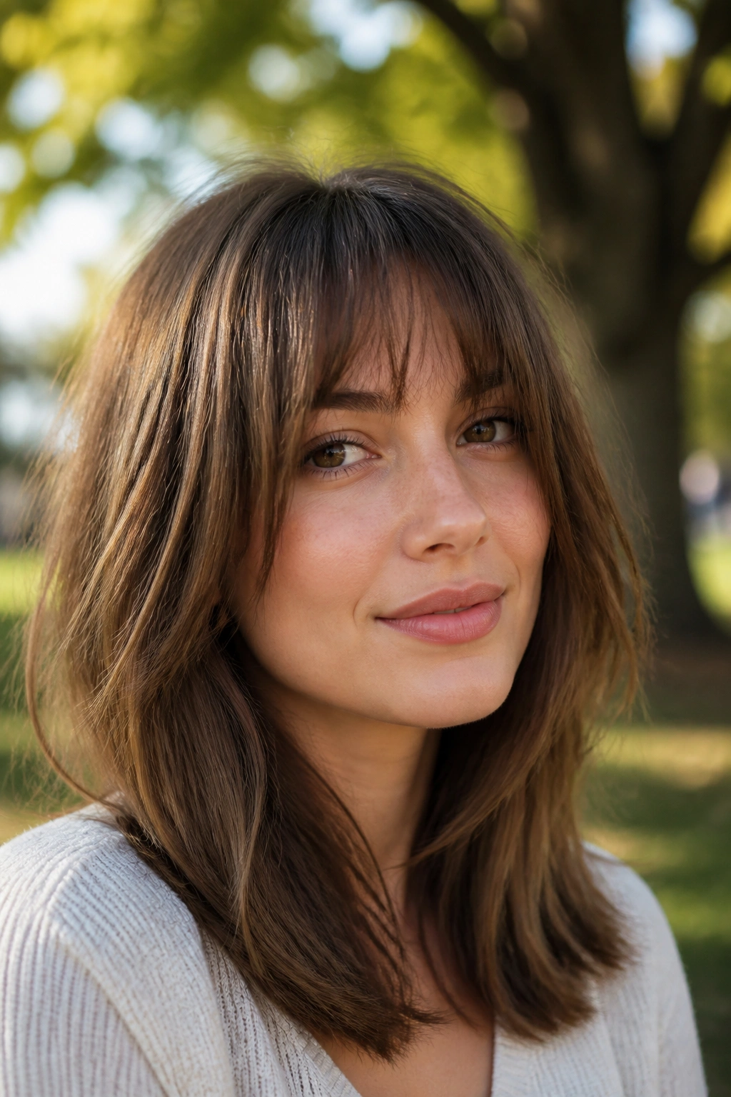 Close-up of a real woman with a razored fringe in a sunlit park