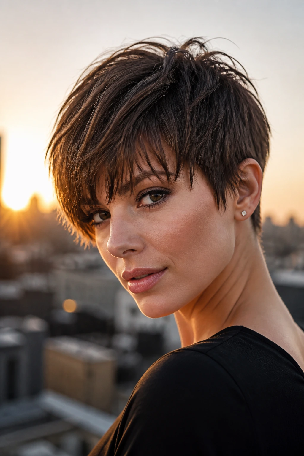 Close-up of a real person with razored fringe pixie on rooftop at sunset