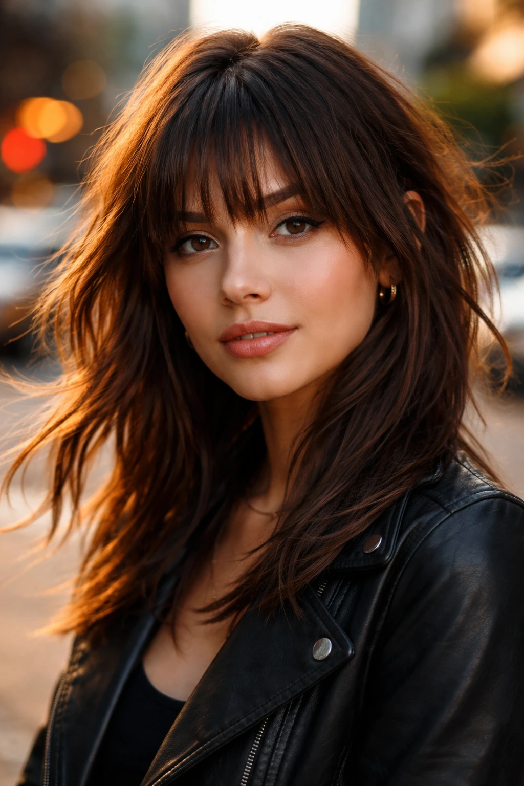Real woman with jagged razored fringe in urban golden hour light