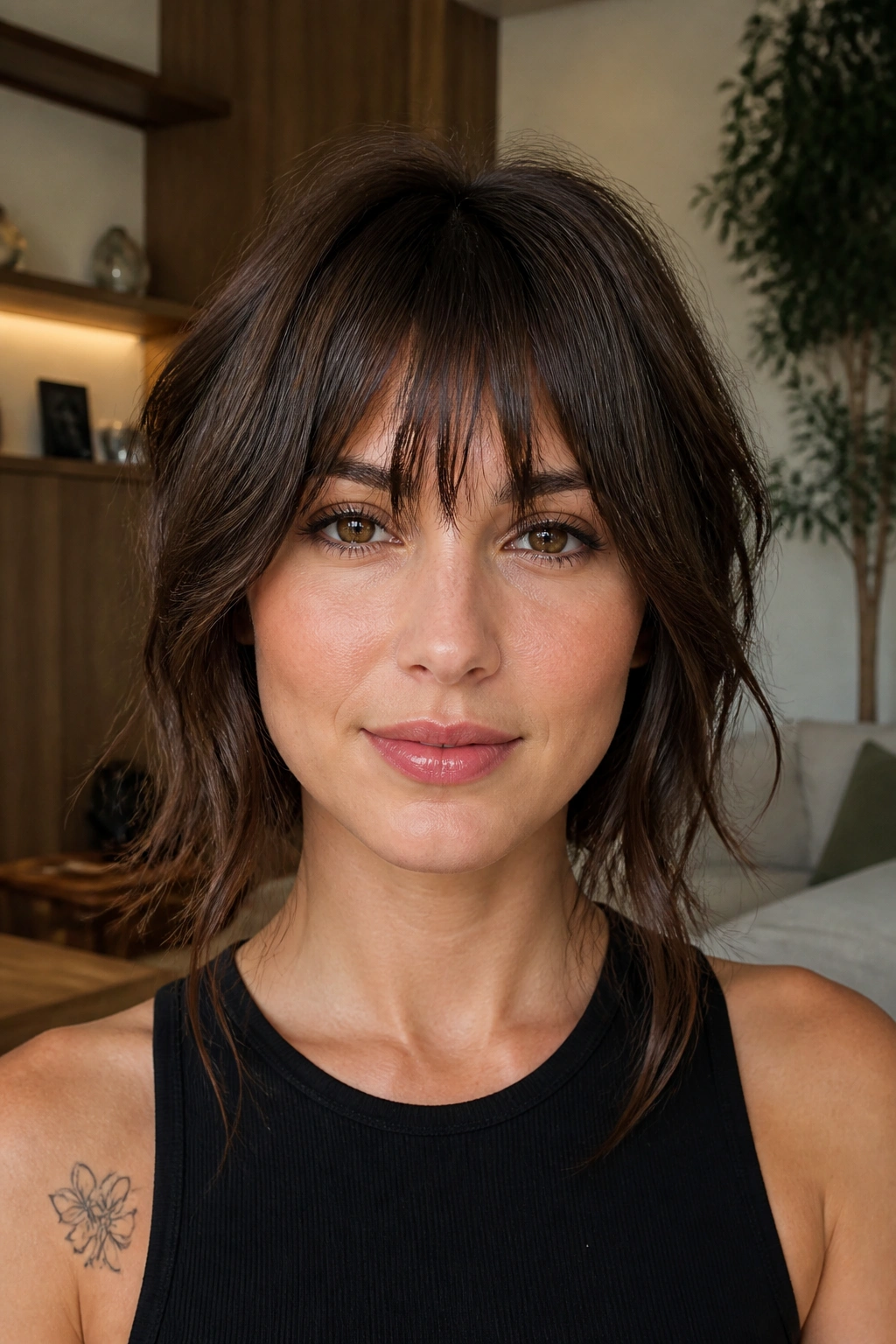Close-up of razored fringe with face-framing ribbons on a real woman