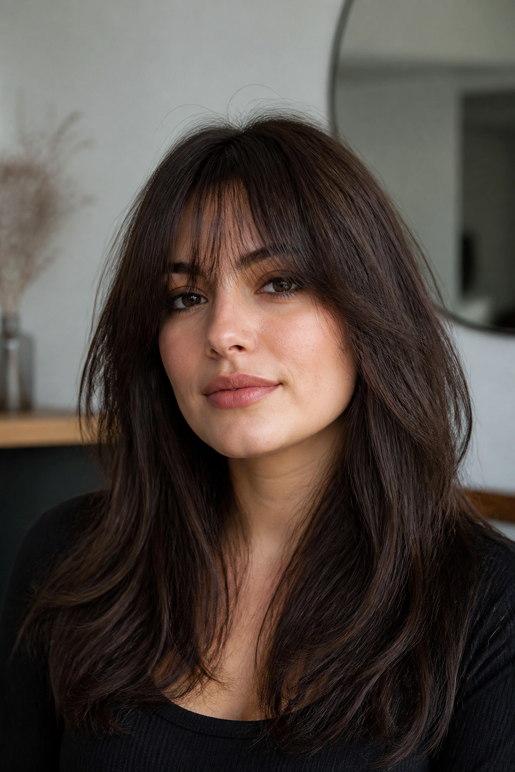 Close-up portrait of a real person with razored fringe for thick hair.