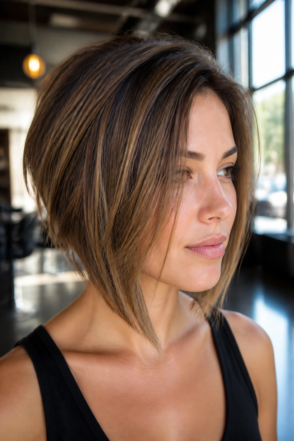 Close-up of a real woman showcasing a Razored Inverted Bob in natural salon light