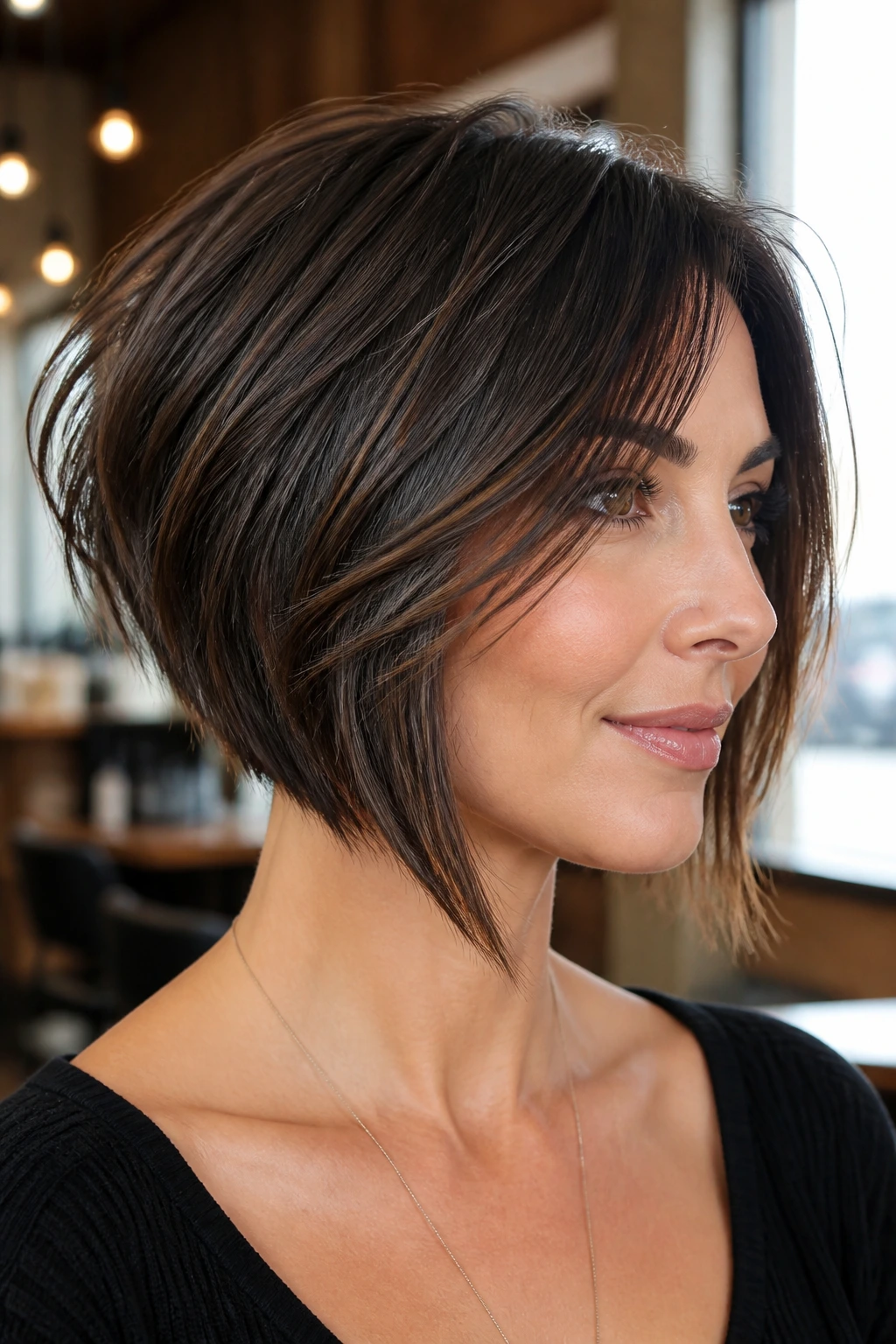Close-up of a real woman with Razored Piecey Inverted Bob showing razor-cut ends.