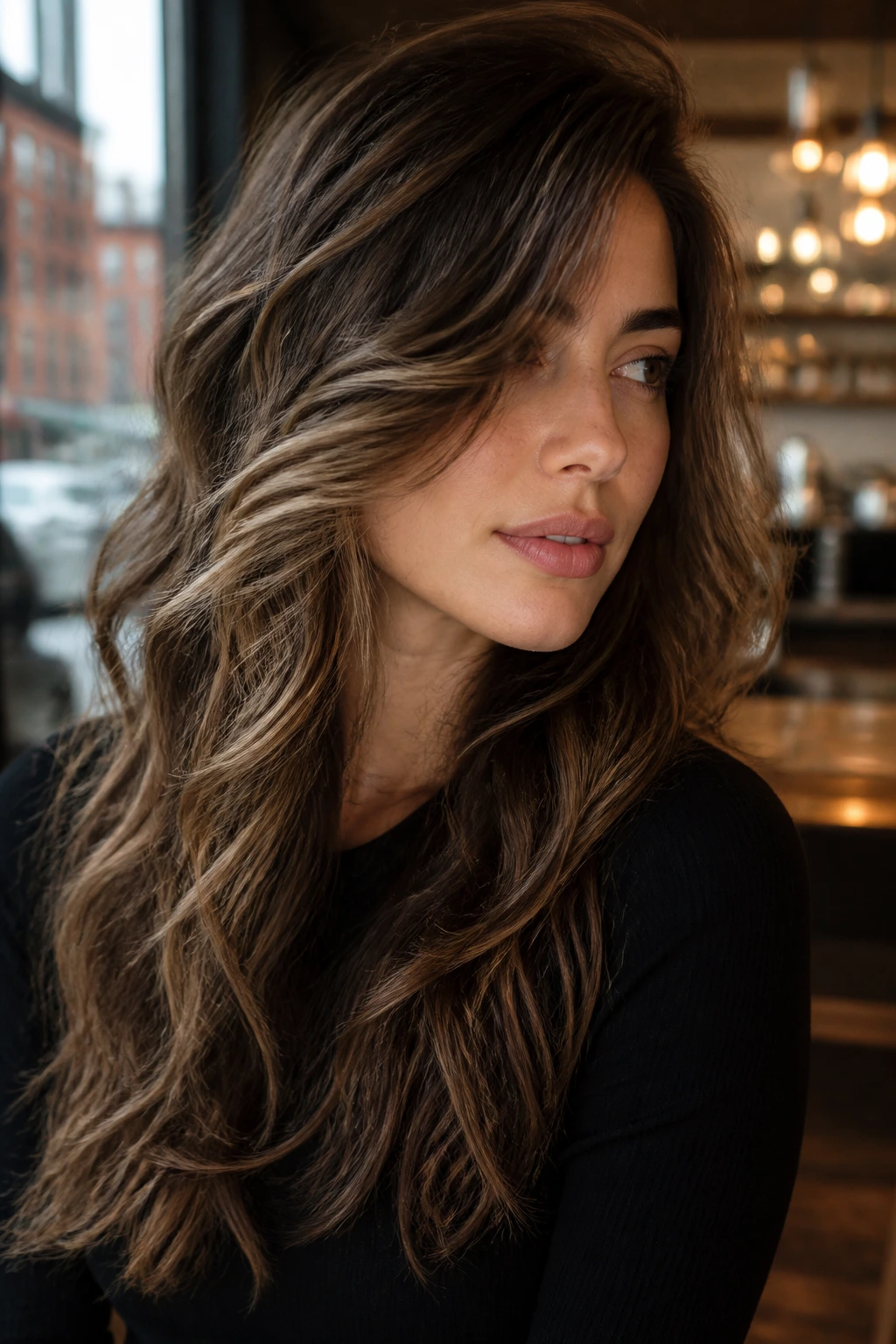 Portrait of woman with razored layers in thick wavy hair in cafe setting