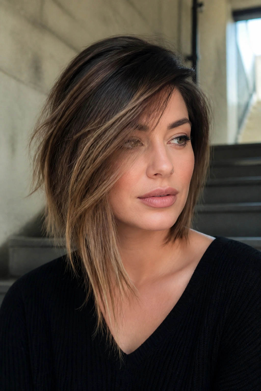 Close-up portrait of a real woman with razored asymmetrical lob and feathered ends