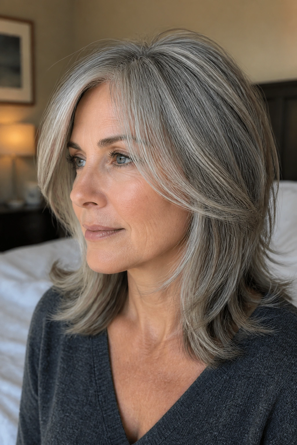 Close-up portrait of a real woman with a razored lob and swoopy face layers in gray hair, side part