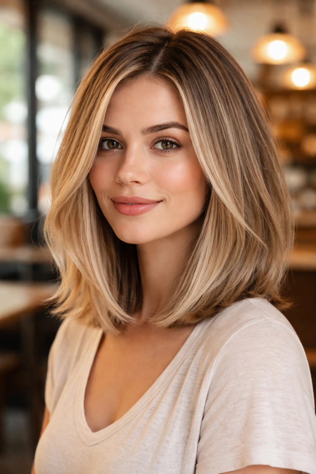 Close-up of real woman with razored lob and inward curl at ends