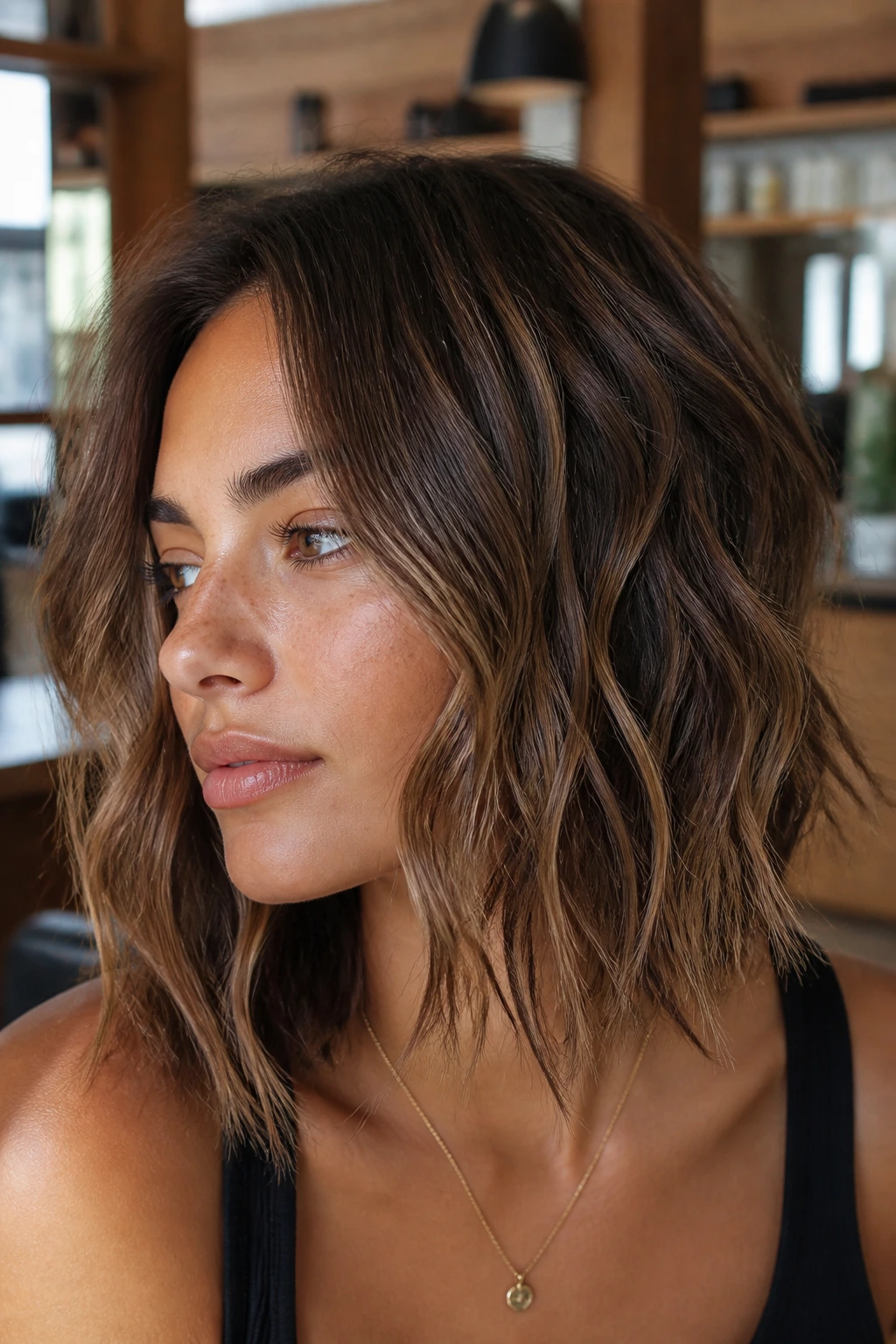 Close-up portrait of a real woman with a choppy razored lob and piecey ends in a warm salon setting, natural light.