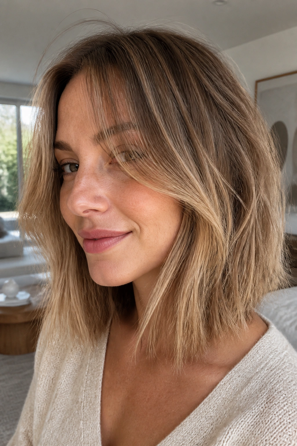 Close-up portrait of a real woman with a razor-cut lob in bright living room light