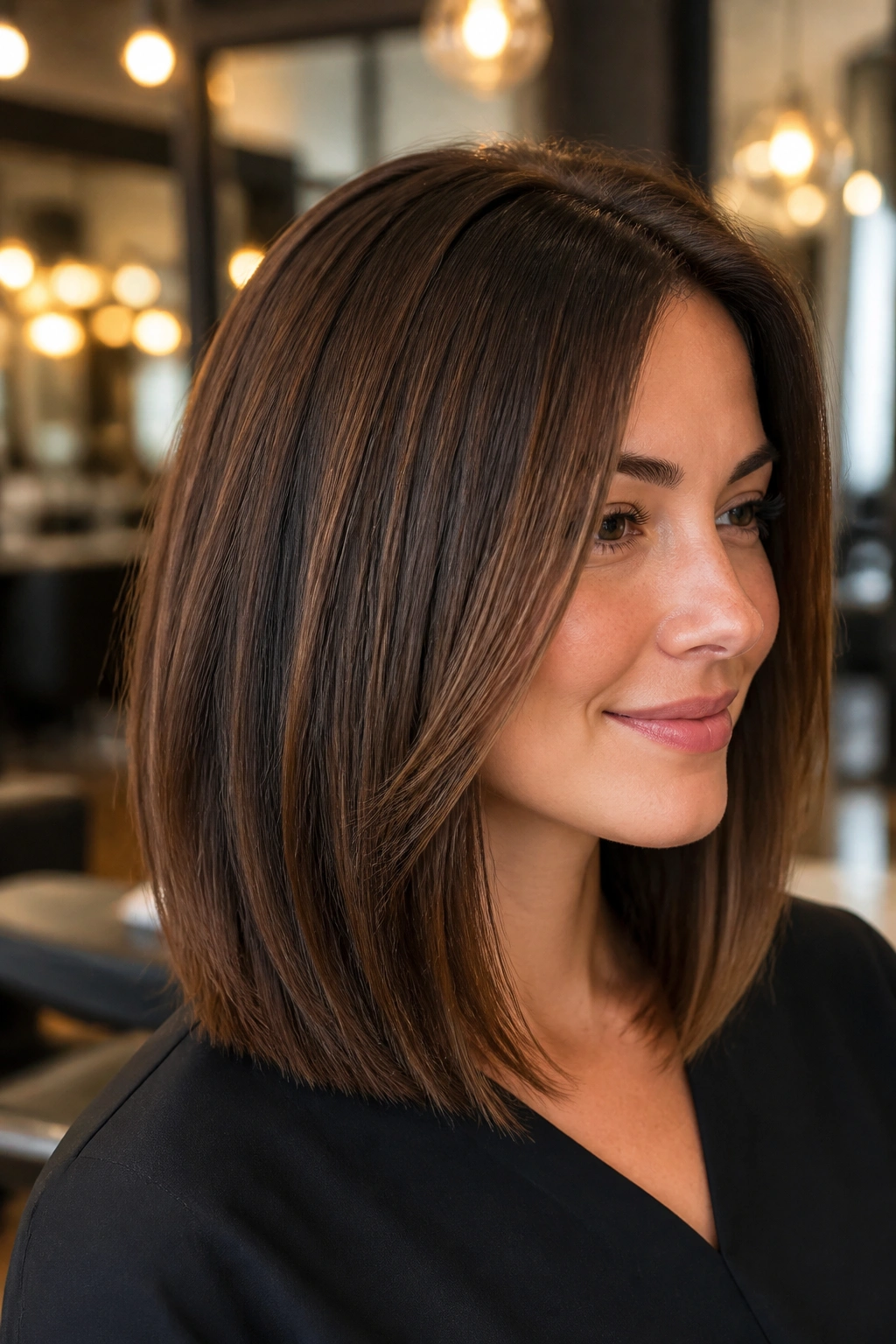 Real woman with razored lob for thick hair portrait