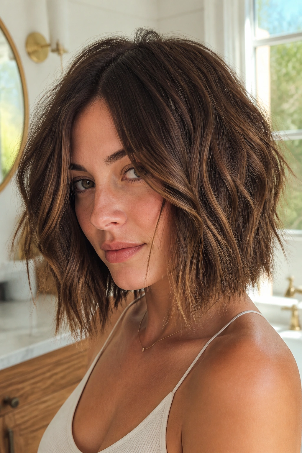 Close-up of a real woman with a choppy razored lob on thick hair in warm bathroom light