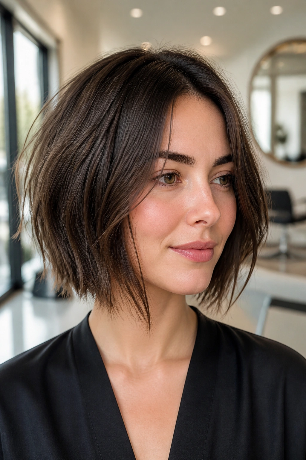 Portrait of a real woman with a razored long bob and wispy perimeter