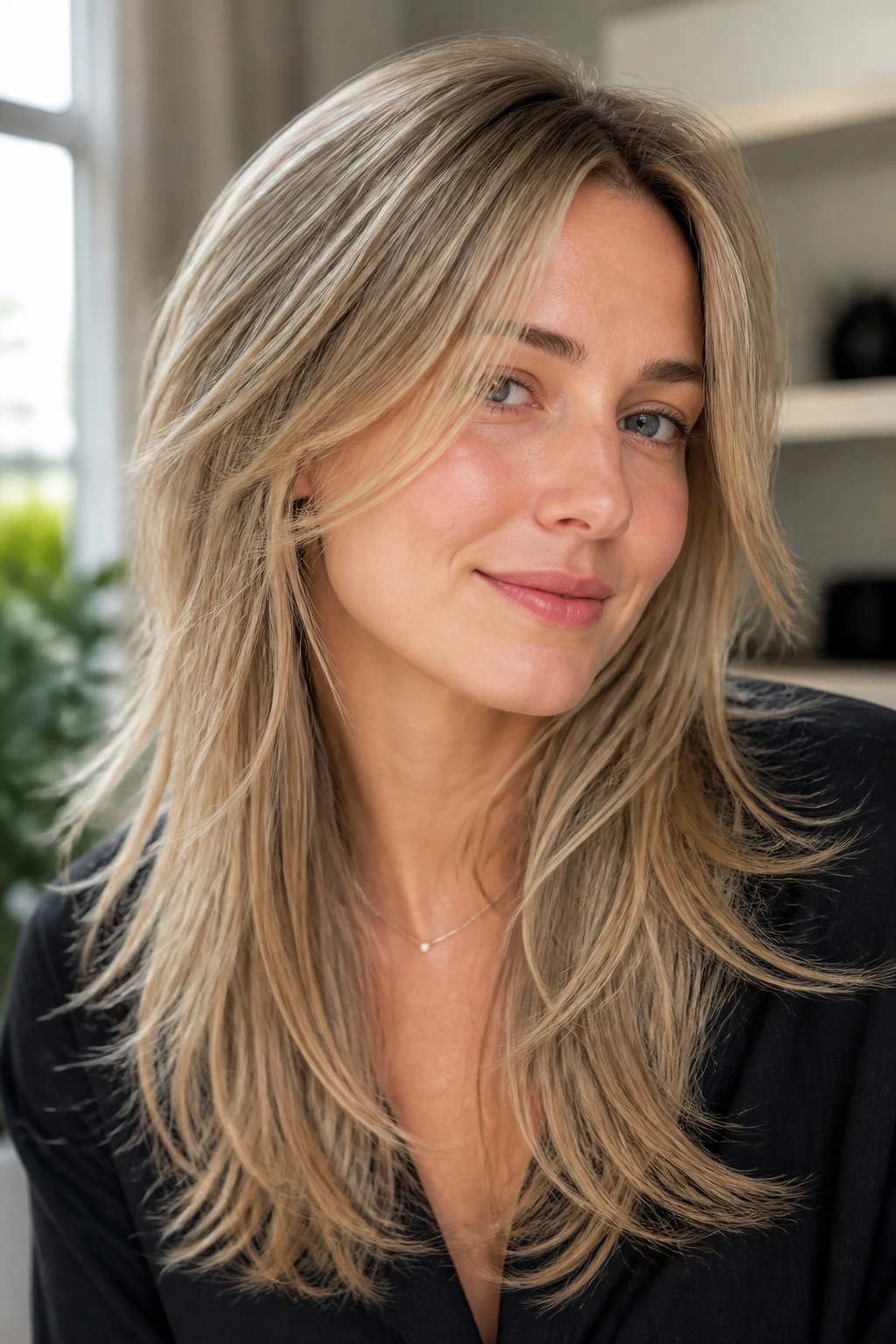 Portrait of a woman with razor-cut long layers on fine hair.