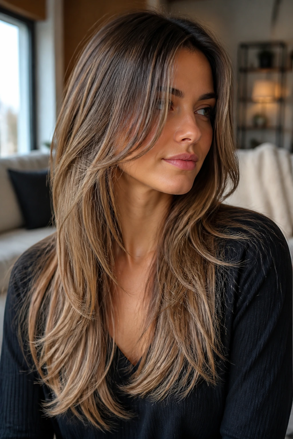 Close-up portrait of a real woman with razor-cut long layers in natural window light