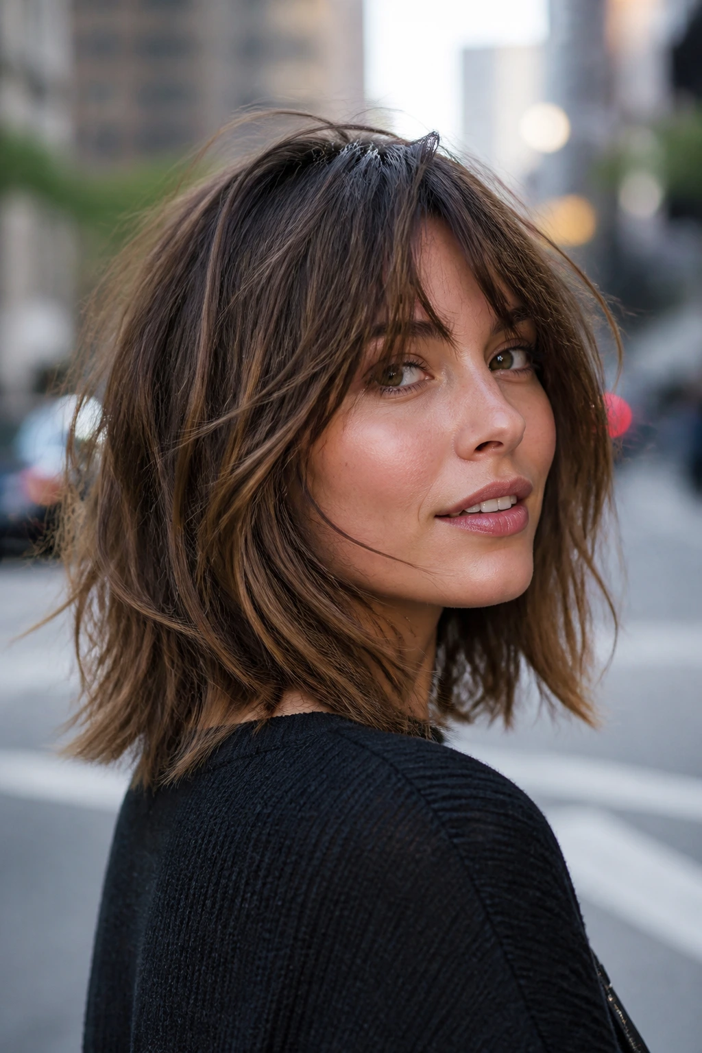 Portrait of real person with razored mid-length lob showing interior texture
