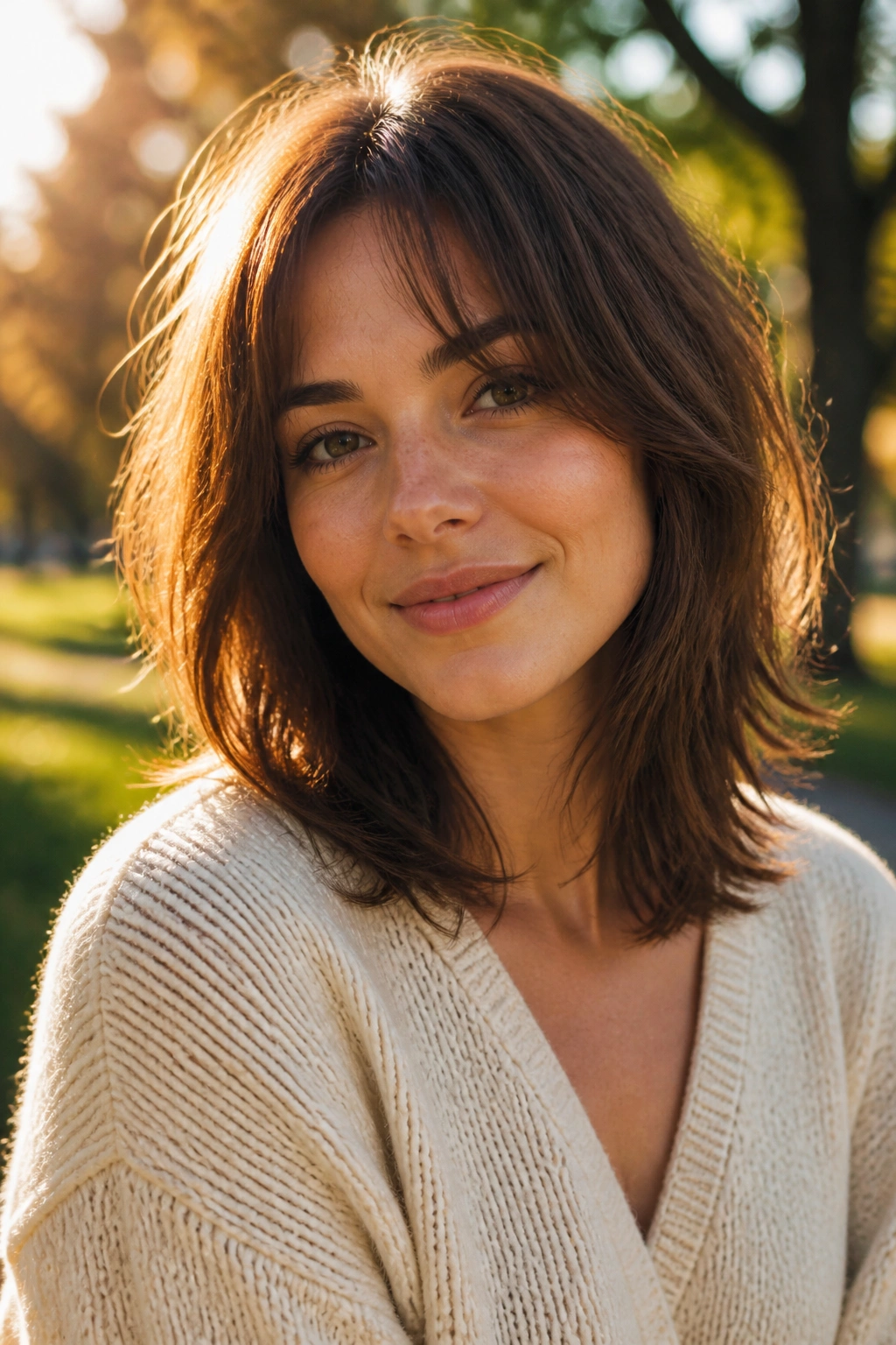 Portrait of a real woman with a razored midi cut in a park at golden hour