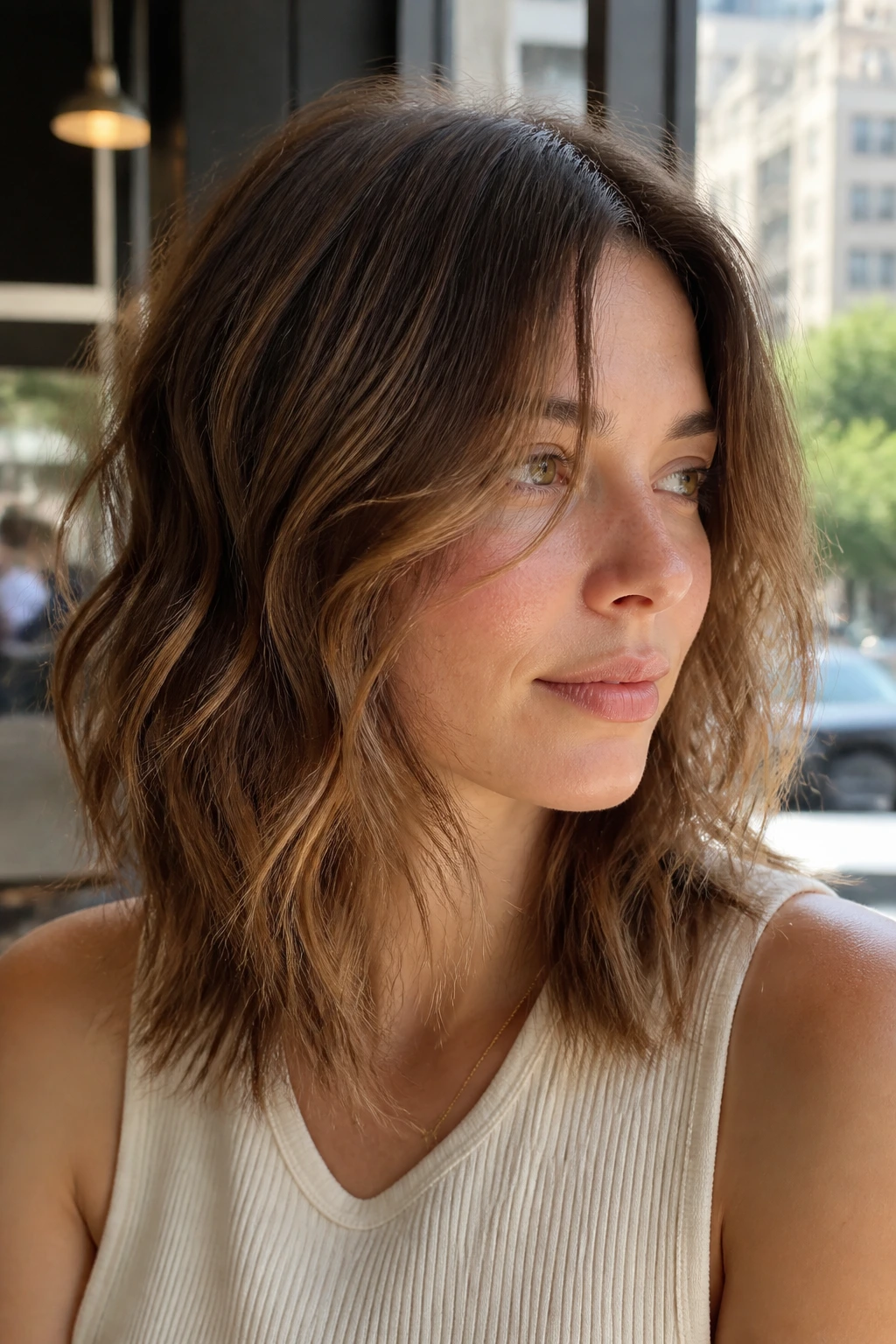 Close-up of real woman with razored midi cut and piecey ends.