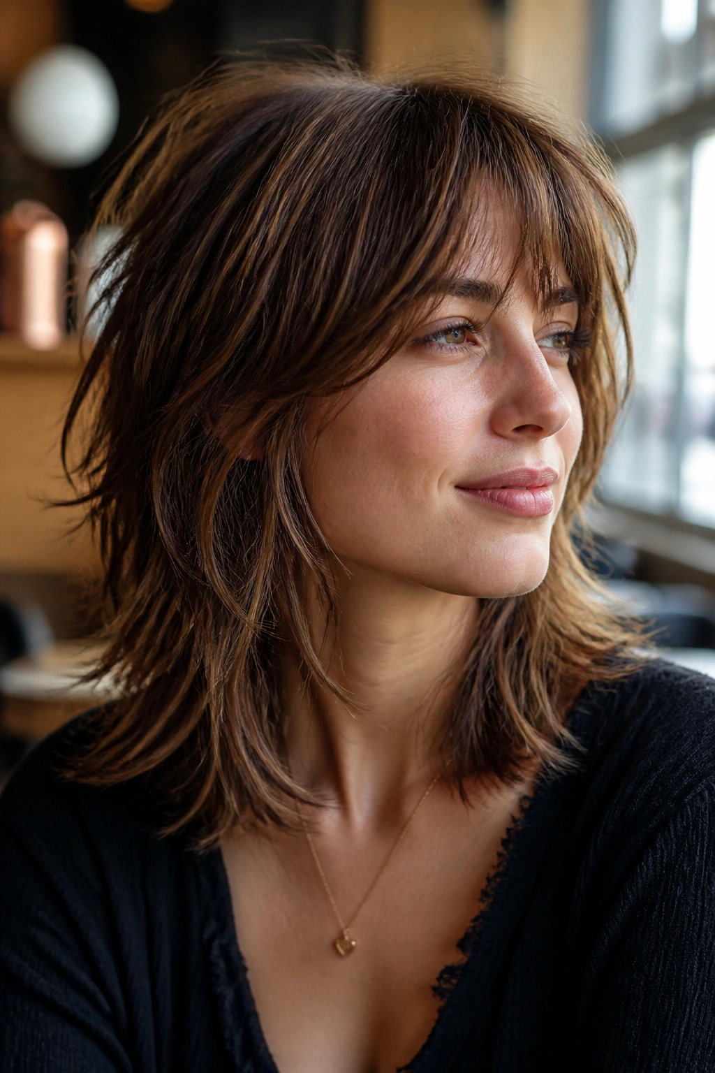 Close-up portrait of a woman with razored midi shag