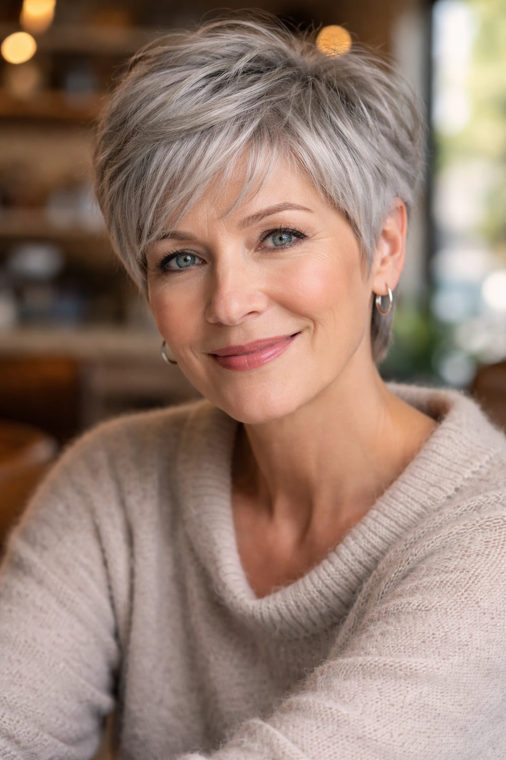 Close-up portrait of a woman with a soft razored pixie cut in grey hair at a cafe