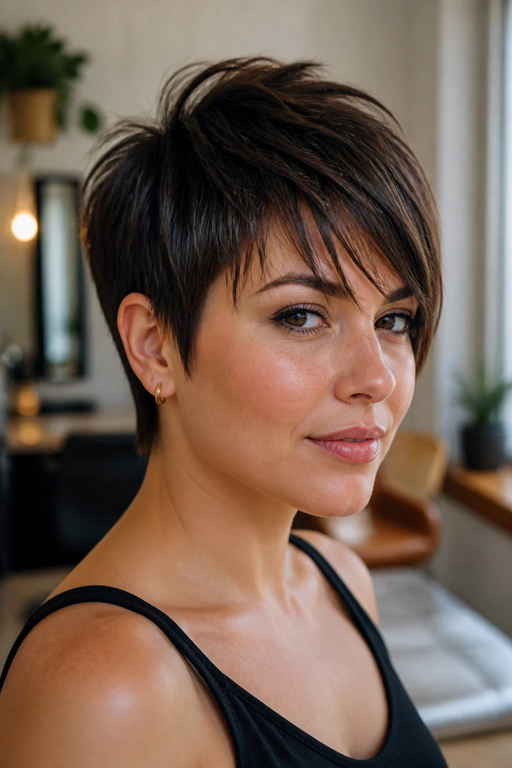 Close-up of a real woman wearing a long pixie with razored ends and crown lift.