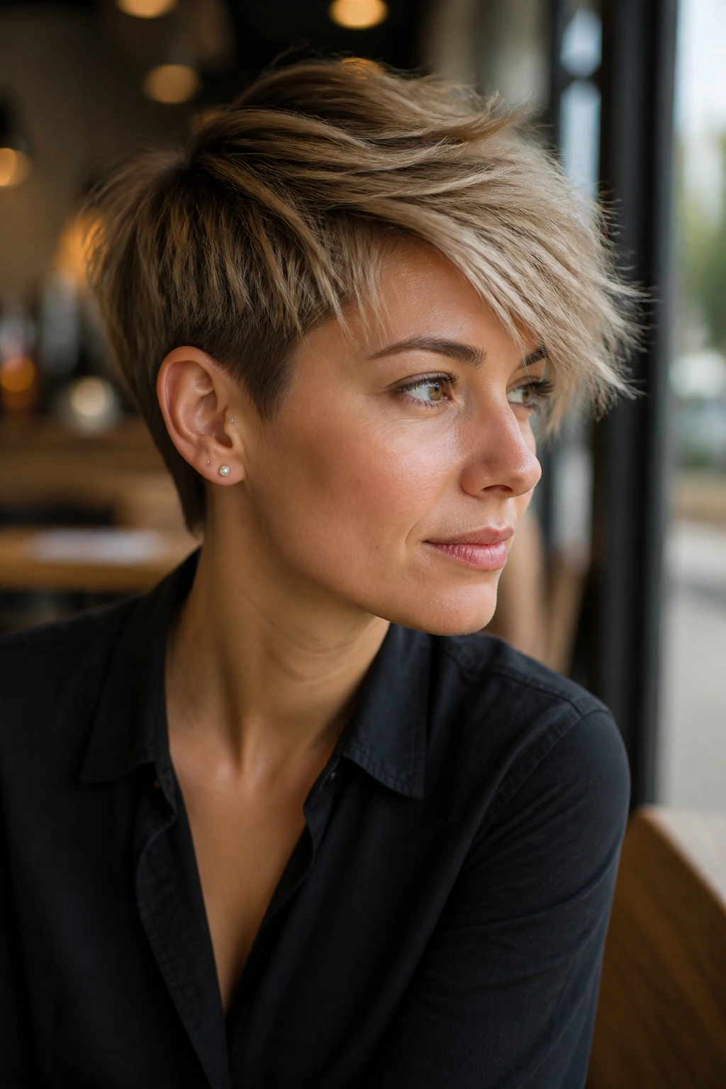 Portrait of a real woman with a long-top razored pixie hairstyle