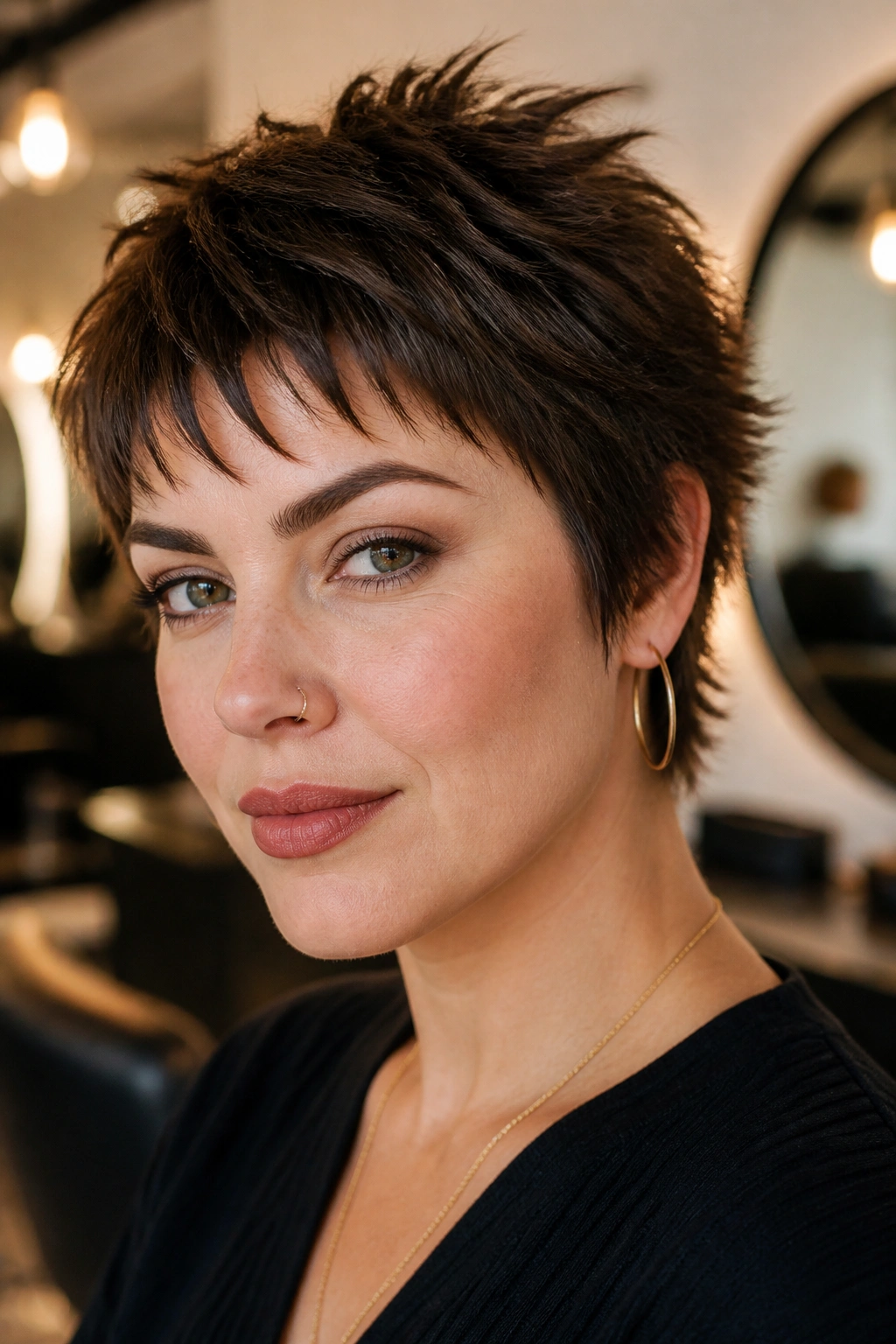 Close-up of a real woman with razored micro shag pixie.