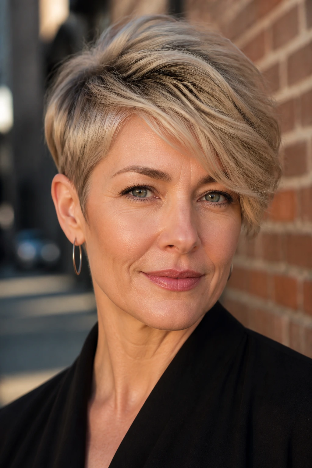 Portrait of a woman with side-swept razored pixie on an urban street