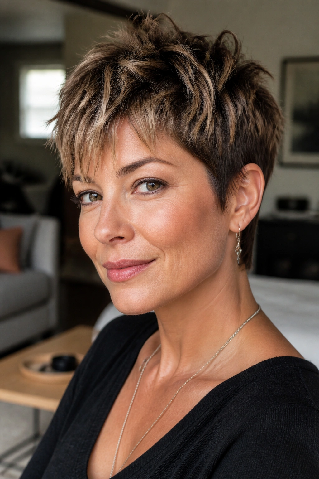 Portrait of a real woman with razored pixie shag in soft ambient light
