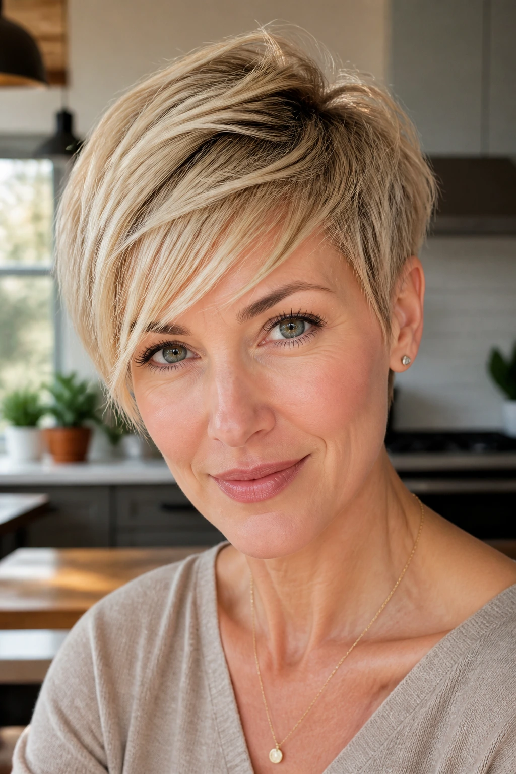 Close-up portrait of a real woman with razored pixie and side fringe
