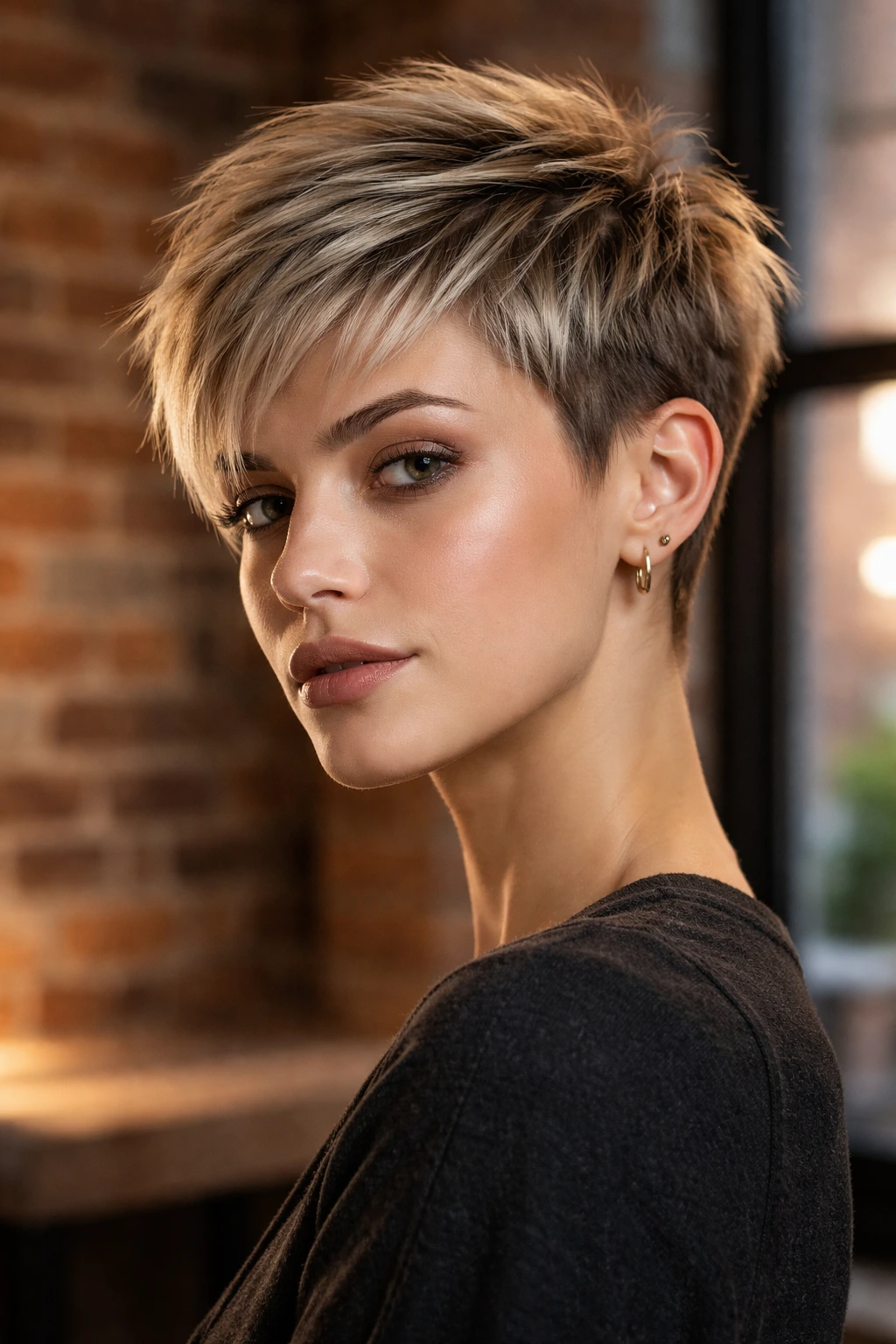 Portrait of a woman with razored edges pixie showing tapered ends.